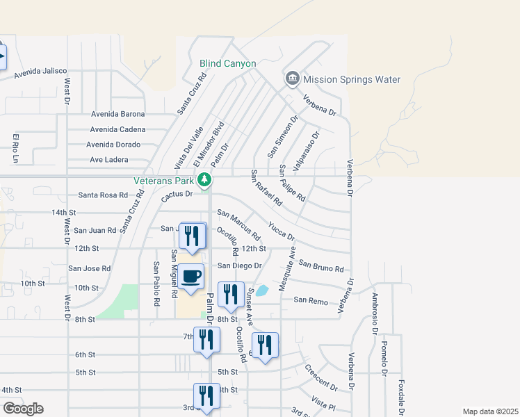 map of restaurants, bars, coffee shops, grocery stores, and more near 66580 Yucca Drive in Desert Hot Springs