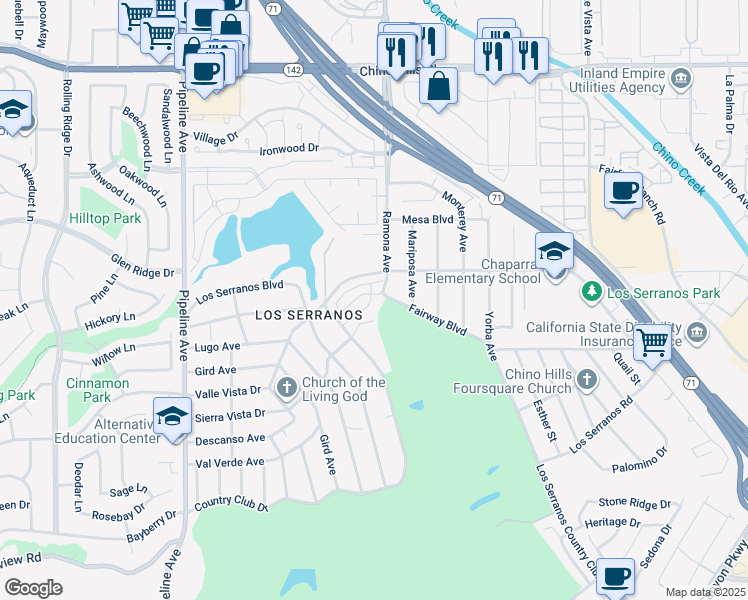 map of restaurants, bars, coffee shops, grocery stores, and more near 15335 Lotus Circle in Chino Hills