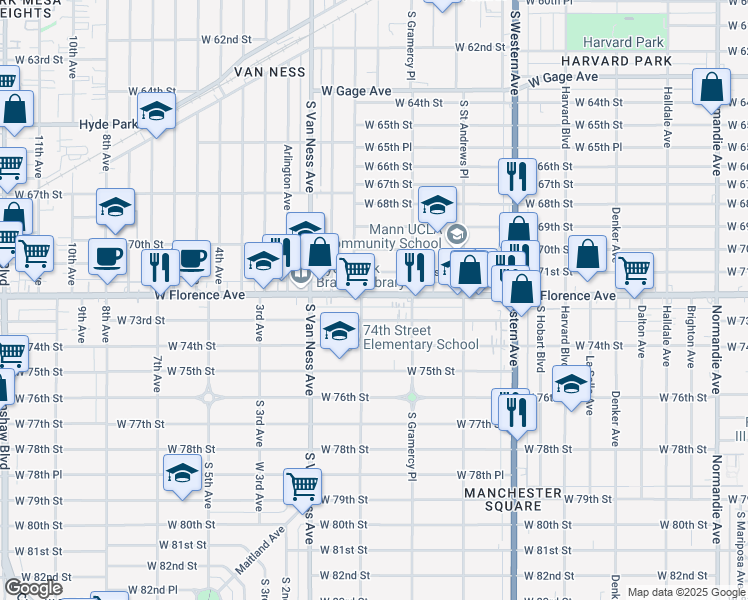 map of restaurants, bars, coffee shops, grocery stores, and more near 2063 West Florence Avenue in Los Angeles