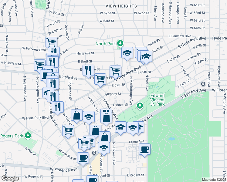 map of restaurants, bars, coffee shops, grocery stores, and more near 547 East Hazel Street in Inglewood
