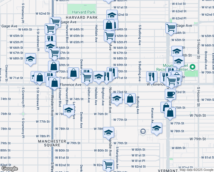 map of restaurants, bars, coffee shops, grocery stores, and more near 1410 West Florence Avenue in Los Angeles