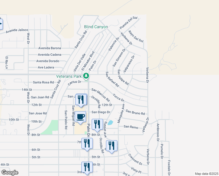 map of restaurants, bars, coffee shops, grocery stores, and more near 66580 Yucca Drive in Desert Hot Springs