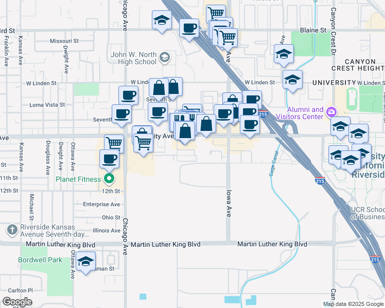 map of restaurants, bars, coffee shops, grocery stores, and more near 1450 University Avenue in Riverside