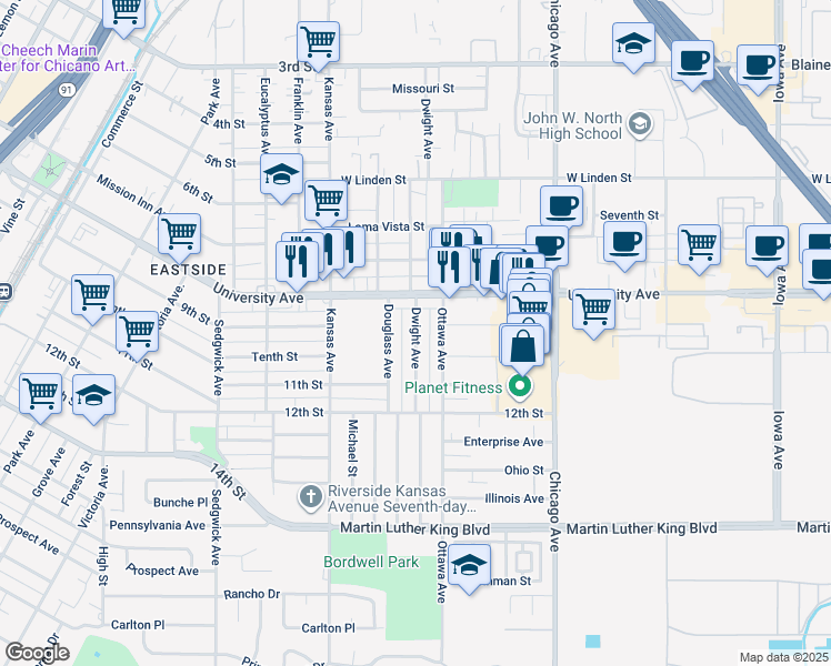 map of restaurants, bars, coffee shops, grocery stores, and more near 3851 Dwight Avenue in Riverside
