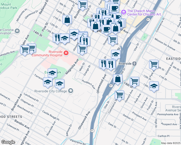 map of restaurants, bars, coffee shops, grocery stores, and more near 4434 Orange Street in Riverside