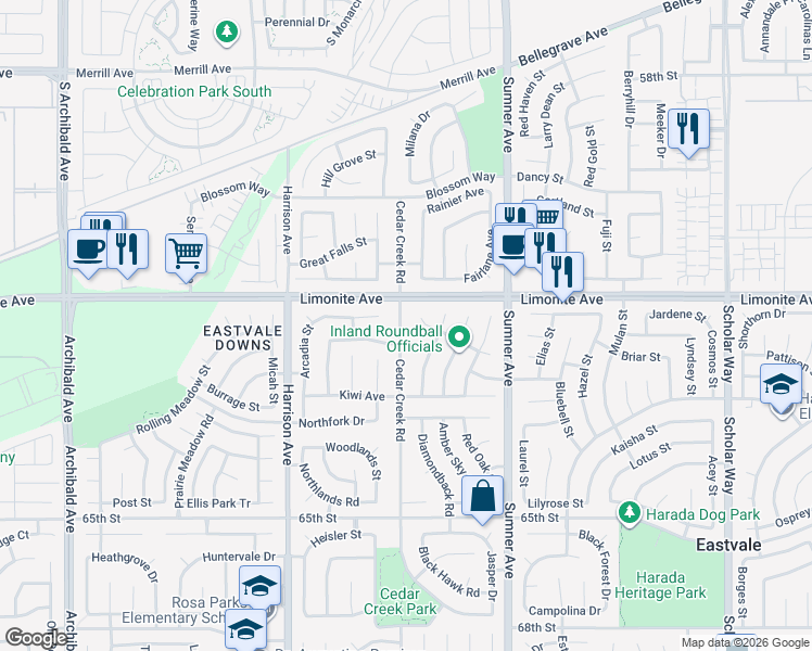 map of restaurants, bars, coffee shops, grocery stores, and more near 6205 Arcadia Street in Corona