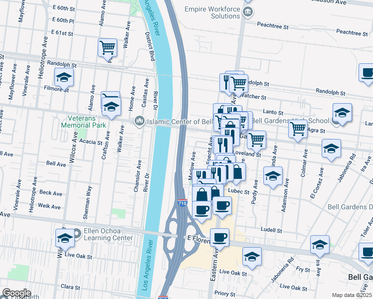 map of restaurants, bars, coffee shops, grocery stores, and more near 5505 Loveland Street in Bell Gardens