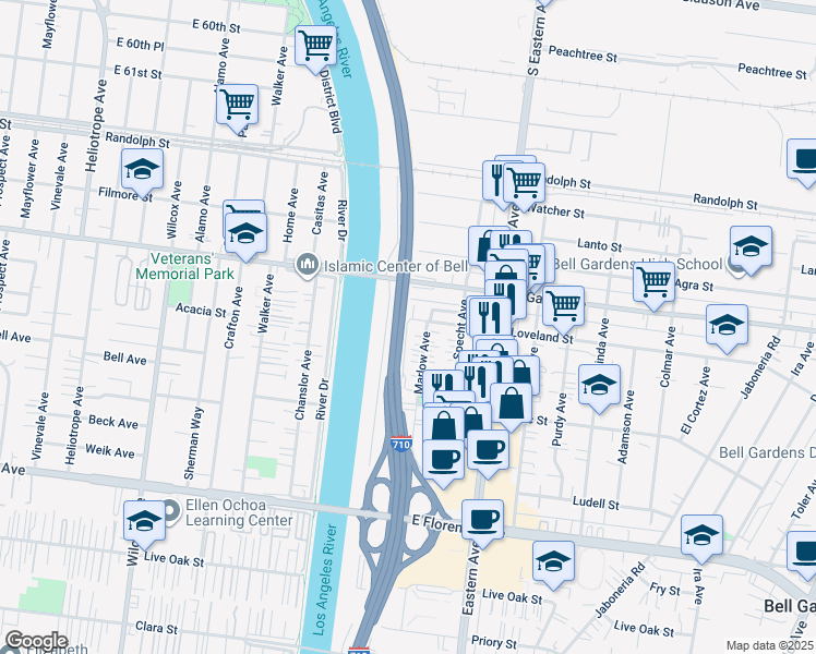 map of restaurants, bars, coffee shops, grocery stores, and more near 5505 Loveland Street in Bell Gardens