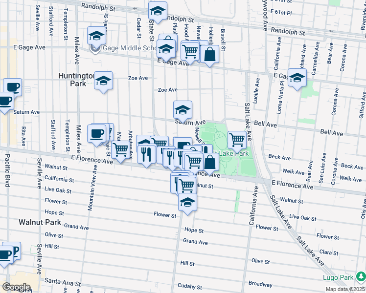 map of restaurants, bars, coffee shops, grocery stores, and more near 7001 Plaska Avenue in Huntington Park
