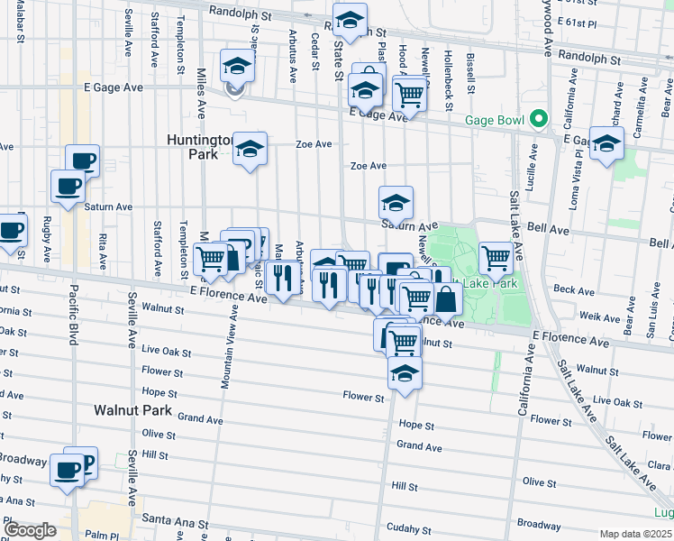 map of restaurants, bars, coffee shops, grocery stores, and more near 7016 Mission Place in Huntington Park