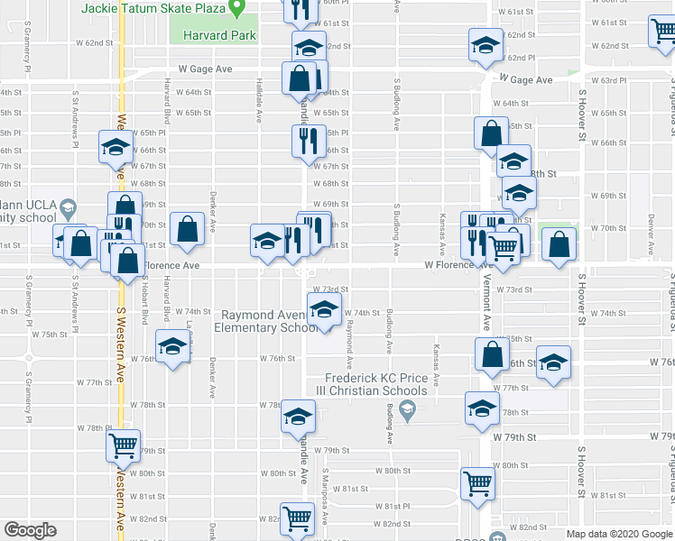 map of restaurants, bars, coffee shops, grocery stores, and more near 1327 West Florence Avenue in Los Angeles