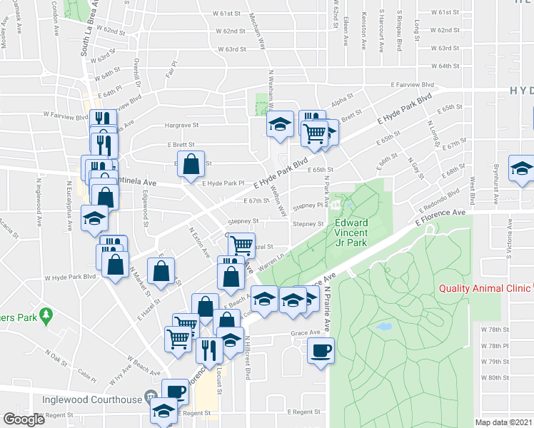 map of restaurants, bars, coffee shops, grocery stores, and more near 596 East 67th Street in Inglewood
