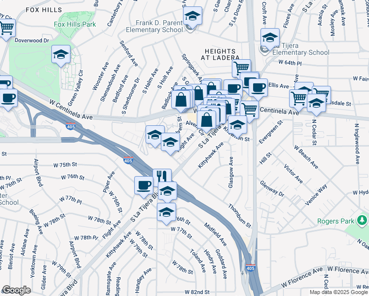 map of restaurants, bars, coffee shops, grocery stores, and more near 7100 Alvern Street in Los Angeles