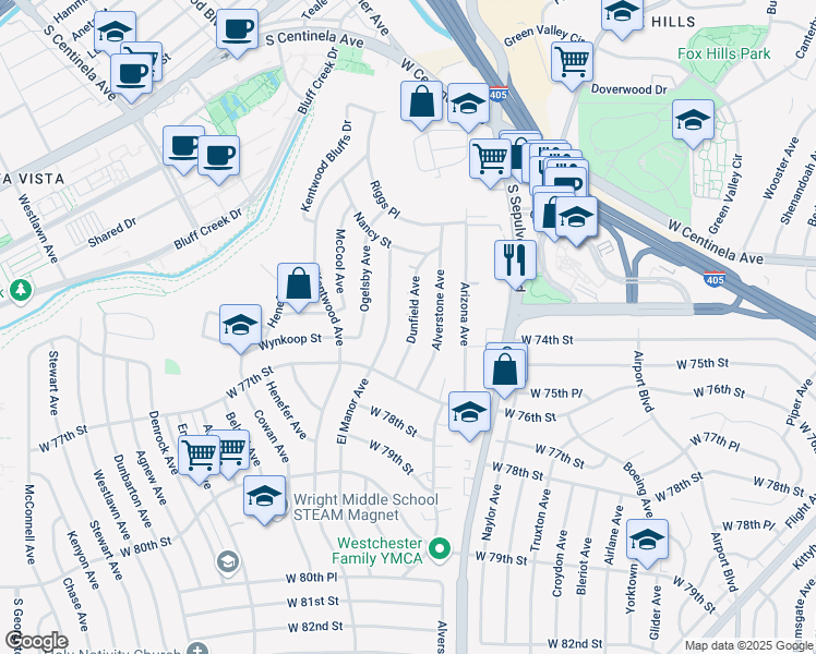 map of restaurants, bars, coffee shops, grocery stores, and more near 7326 Dunfield Avenue in Los Angeles