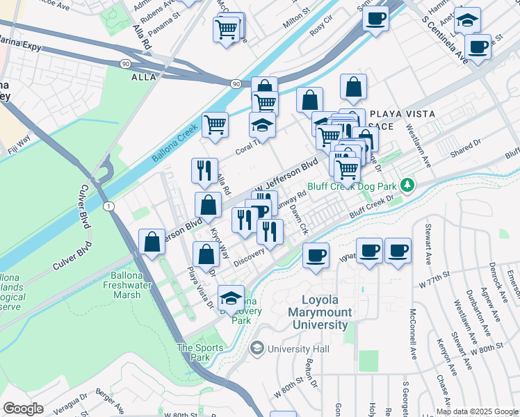 map of restaurants, bars, coffee shops, grocery stores, and more near 5720 South Celedon Creek in Los Angeles
