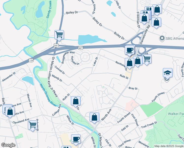 map of restaurants, bars, coffee shops, grocery stores, and more near 116 Lake Street in Athens