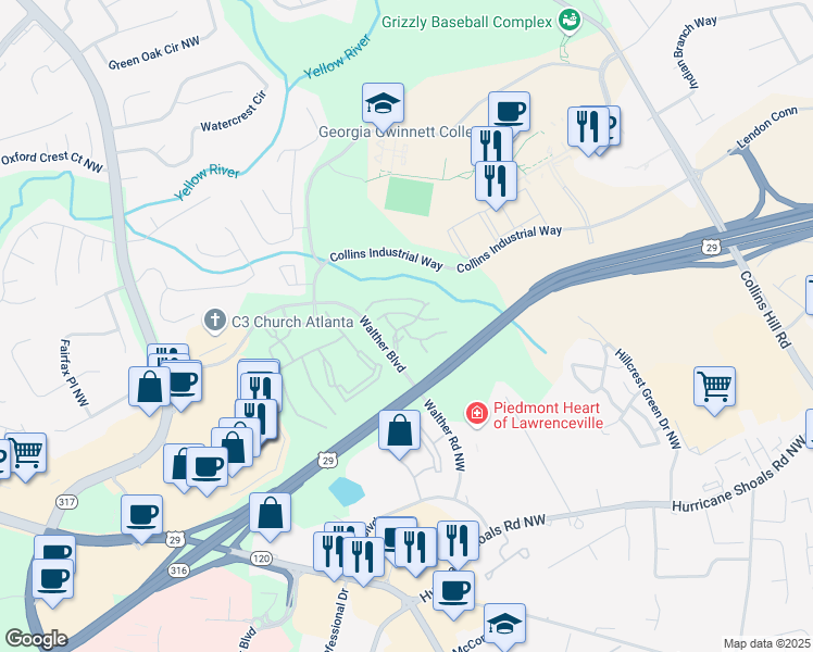 map of restaurants, bars, coffee shops, grocery stores, and more near 2185 Tree Creek Parkway in Lawrenceville