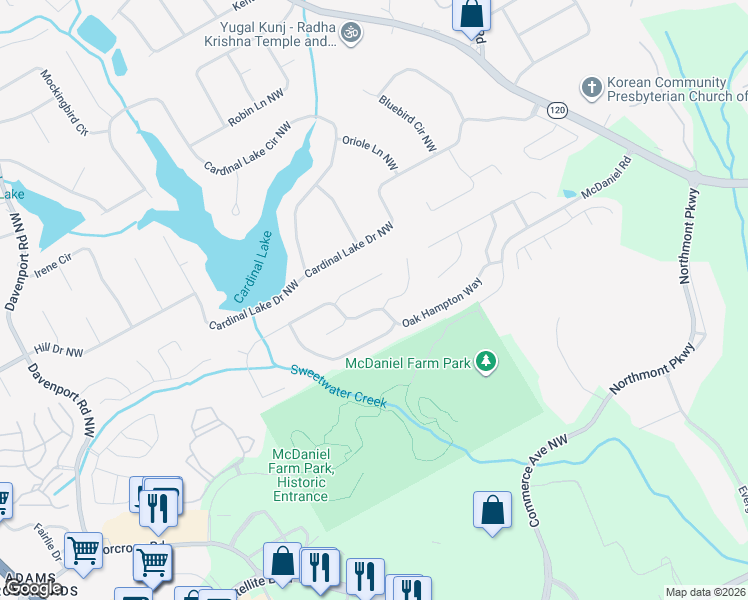 map of restaurants, bars, coffee shops, grocery stores, and more near 3062 Oaktree Lane Northwest in Duluth