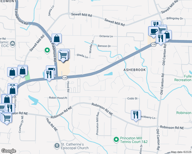 map of restaurants, bars, coffee shops, grocery stores, and more near 999 Bridgegate Drive Northeast in Marietta