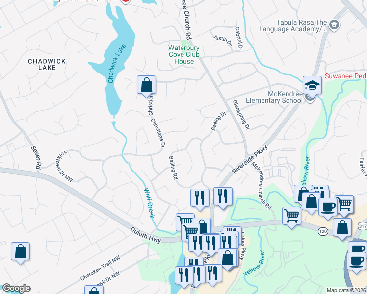 map of restaurants, bars, coffee shops, grocery stores, and more near 1274 Bailing Road in Lawrenceville