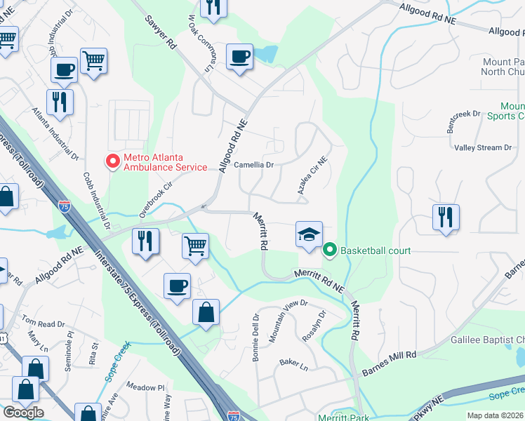 map of restaurants, bars, coffee shops, grocery stores, and more near 984 Azalea Circle Northeast in Marietta