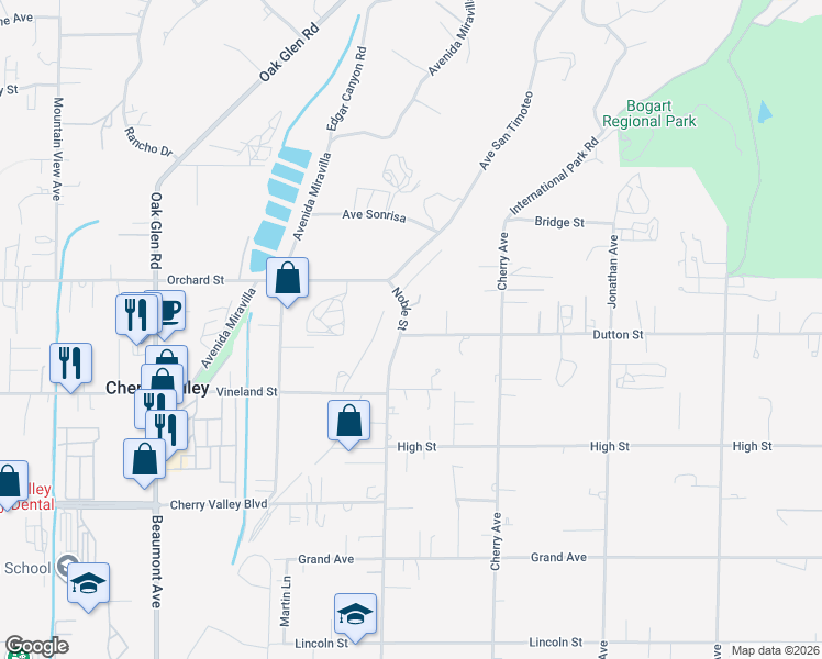map of restaurants, bars, coffee shops, grocery stores, and more near 39798 Dutton Street in Cherry Valley