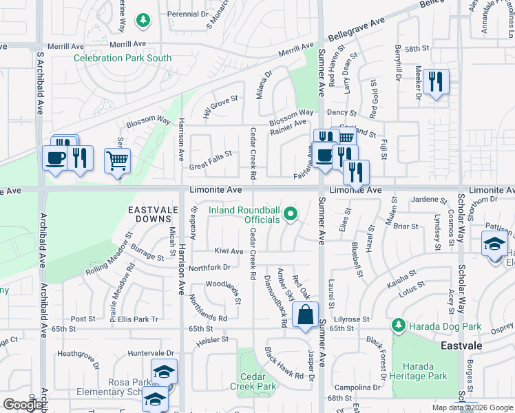map of restaurants, bars, coffee shops, grocery stores, and more near 6205 Arcadia Street in Corona