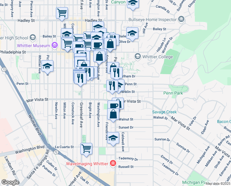 map of restaurants, bars, coffee shops, grocery stores, and more near 7465 Painter Avenue in Whittier