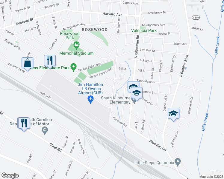 map of restaurants, bars, coffee shops, grocery stores, and more near 1327 South Ott Road in Columbia