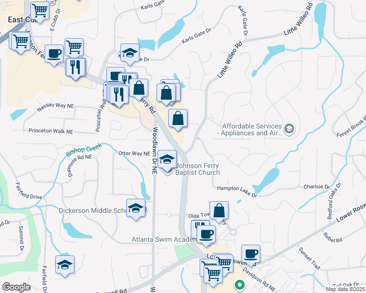 map of restaurants, bars, coffee shops, grocery stores, and more near 1032 Johnson Ferry Road in Marietta