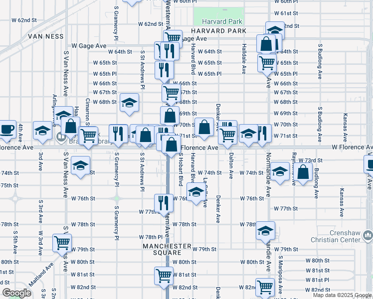 map of restaurants, bars, coffee shops, grocery stores, and more near 1714 West Florence Avenue in Los Angeles