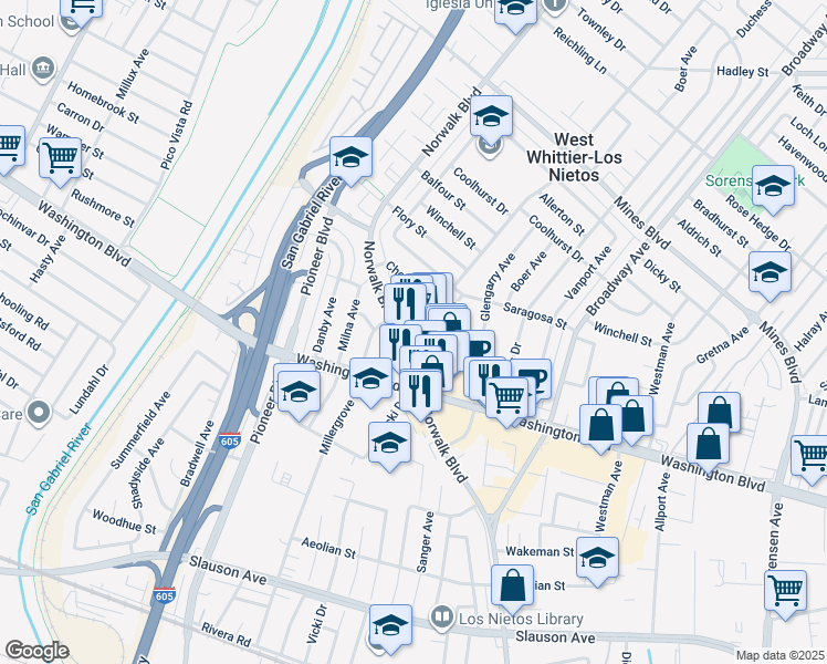 map of restaurants, bars, coffee shops, grocery stores, and more near 7718 Gerda Court in Whittier