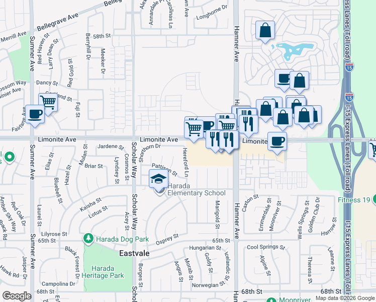 map of restaurants, bars, coffee shops, grocery stores, and more near 6264 Hereford Lane in Eastvale