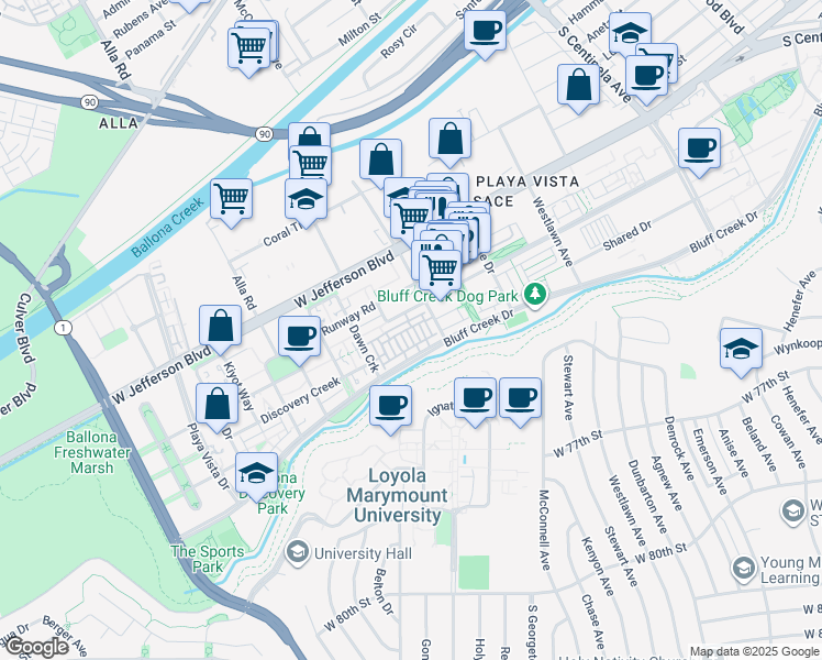 map of restaurants, bars, coffee shops, grocery stores, and more near 5817 South Sparrow Court in Los Angeles