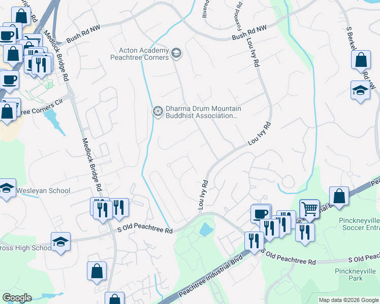 map of restaurants, bars, coffee shops, grocery stores, and more near 4925 Mossy Ridge Court Northwest in Duluth