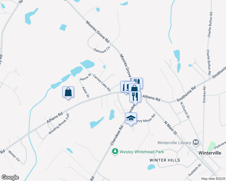 map of restaurants, bars, coffee shops, grocery stores, and more near 380 Gordon Circle in Winterville