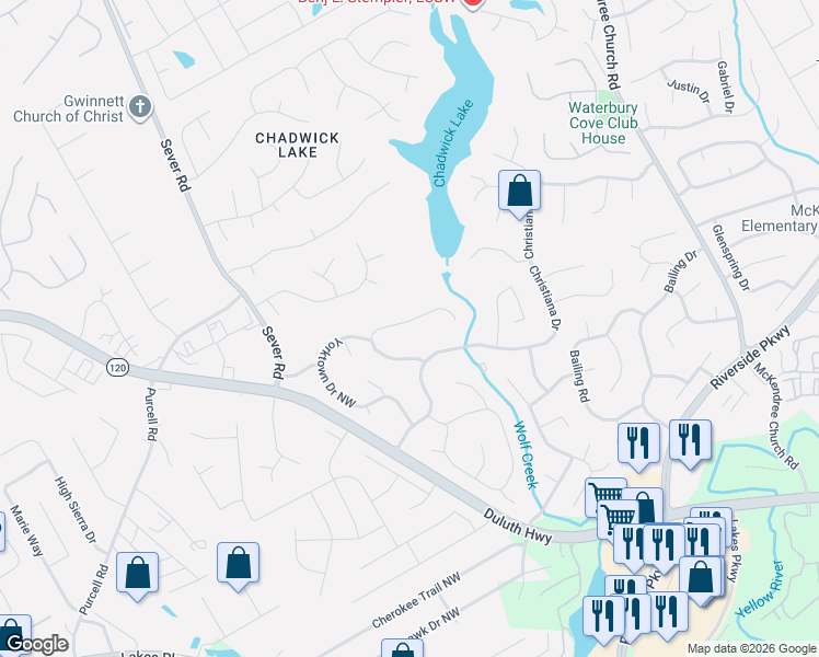 map of restaurants, bars, coffee shops, grocery stores, and more near 1530 Twin Bridge Lane in Lawrenceville
