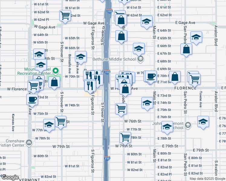 map of restaurants, bars, coffee shops, grocery stores, and more near 331 West Florence Avenue in Los Angeles