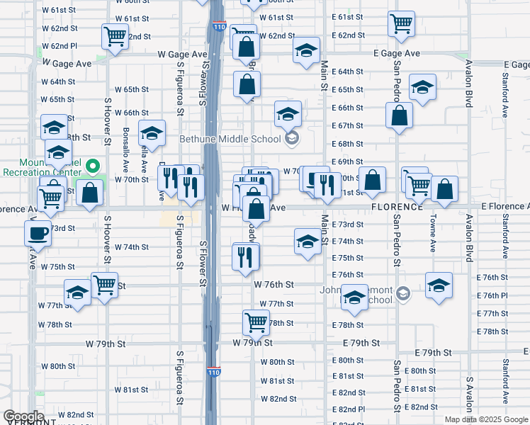 map of restaurants, bars, coffee shops, grocery stores, and more near 7108 South Broadway in Los Angeles