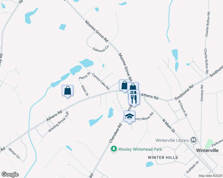 map of restaurants, bars, coffee shops, grocery stores, and more near 380 Gordon Circle in Winterville