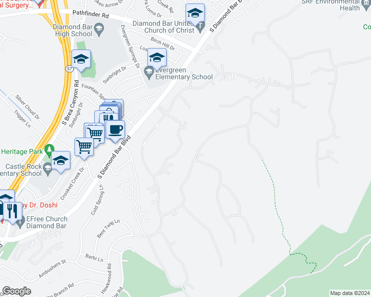 map of restaurants, bars, coffee shops, grocery stores, and more near 2760 Shadow Canyon Drive in Diamond Bar