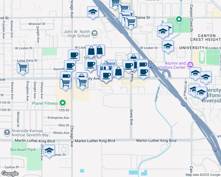map of restaurants, bars, coffee shops, grocery stores, and more near 1415 Everton Place in Riverside