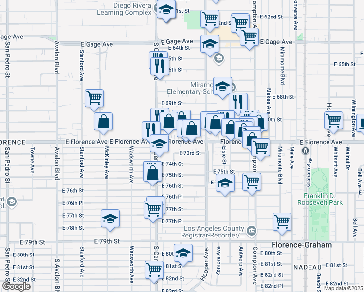 map of restaurants, bars, coffee shops, grocery stores, and more near 1201 East Florence Avenue in Los Angeles