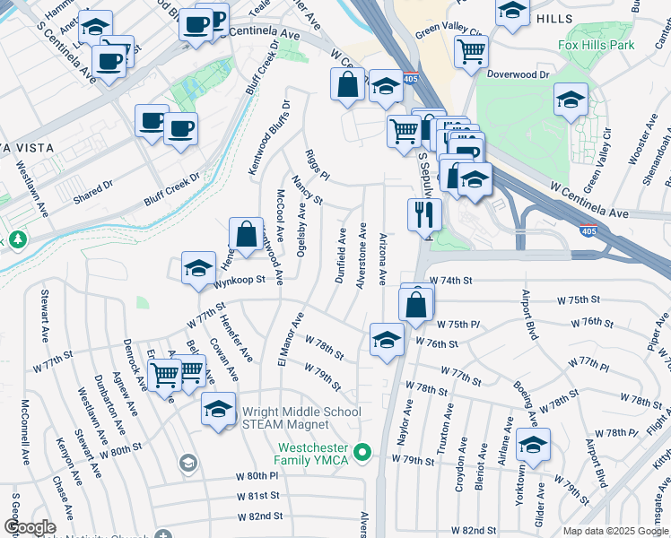 map of restaurants, bars, coffee shops, grocery stores, and more near 7326 Dunfield Avenue in Los Angeles