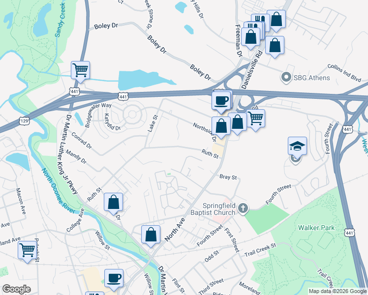 map of restaurants, bars, coffee shops, grocery stores, and more near 485 Ruth Street in Athens