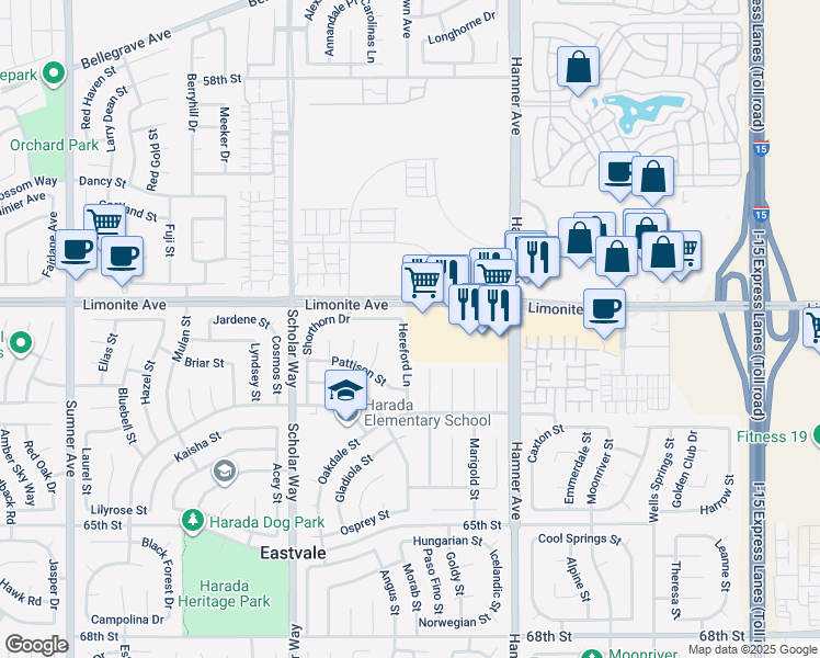 map of restaurants, bars, coffee shops, grocery stores, and more near 6264 Hereford Lane in Eastvale