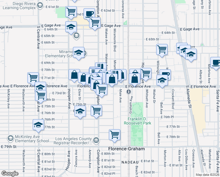map of restaurants, bars, coffee shops, grocery stores, and more near 1544 East Florence Avenue in Los Angeles