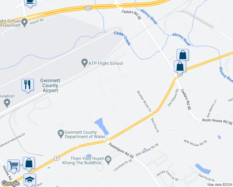 map of restaurants, bars, coffee shops, grocery stores, and more near 957 Grenier Terrace Northeast in Lawrenceville