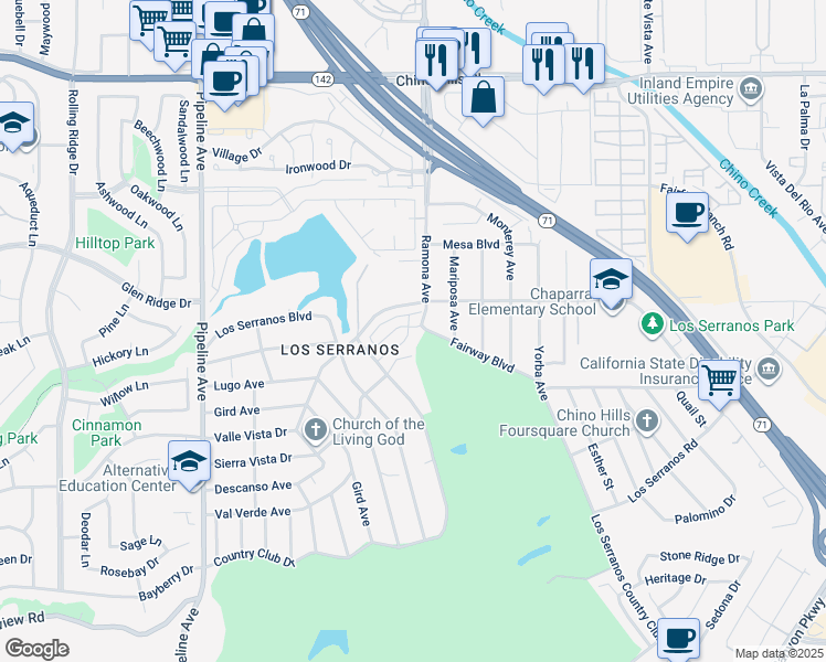 map of restaurants, bars, coffee shops, grocery stores, and more near 15335 Lotus Circle in Chino Hills