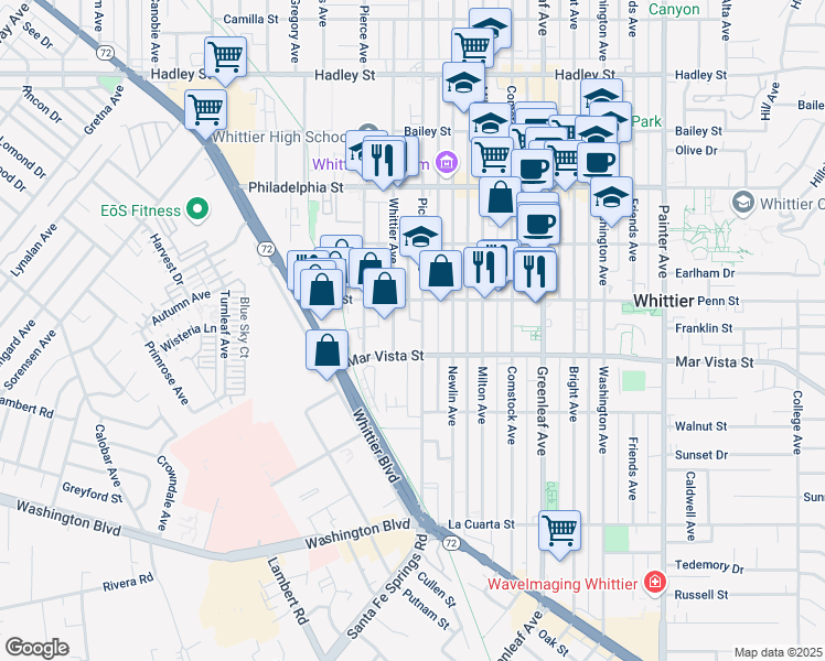 map of restaurants, bars, coffee shops, grocery stores, and more near 12512 Penn Street in Whittier